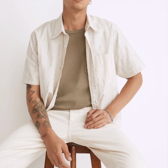 Madewell White and Green Perfect Short-Sleeve Shirt in Hemp-Cotton Blend - Picture 1 of 12